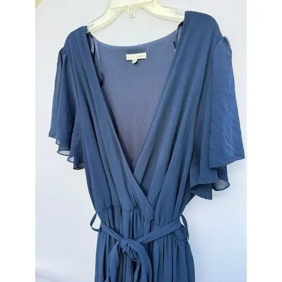 Baltic Born Navy Kristina Ruffle Short Sleeve Front Slit Belt Maxi Dress Sz  2X
